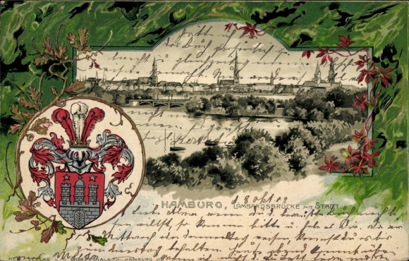 Wapenschild in reliëf passe-partout litho Hamburg Mitte Altstadt, Lombardsbrücke