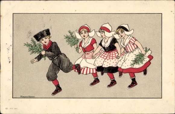 Kunstenaarskaart Hardy, Florence, man en vrouw in traditionele kostuums