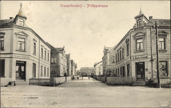 Postcard Großröhrsdorf in the district of Bautzen, Philippstraße, Bruno Seifert shop, E. Martin Schurig shop