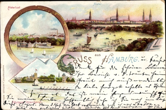 litho Hamburg, Alsterbekken, Alsterlust, veerhuis Uhlenhorst