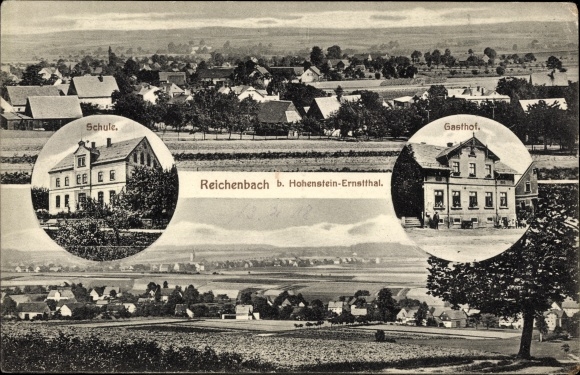 Postcard Reichenbach Callenberg in Saxony, panorama, school, inn