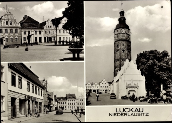 KP Luckau na Dolnych Łużycach, rynek z pomnikiem Karla Liebknechta, główna ulica, na rynku