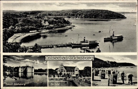 Postcard Glücksburg on the Baltic Sea, castle, spa hotel, beach life