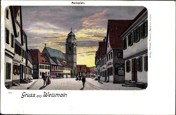 Chromo-Litho Weismain Upper Franconia, market square, church tower, passers-by