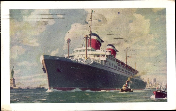 Artist PC New York City USA, Steamer SS America, USL, Vrijheidsbeeld, stoomschip