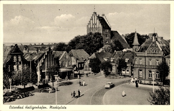 Postcard Ostseebad Heiligenhafen in Holstein, Baltic Sea resort town view, market, buildings, street view