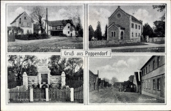 Ak Poppendorf Schkölen in Thüringen,  mit Schule, Gasthof, Kirche, Dorfstraße, schwarz-weiß