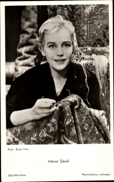 Postcard actress Maria Schell, portrait, sewing, Ufa Film, The Angel with the Trumpet, White Nights