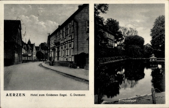 Postcard Aerzen in the Weserbergland, Hotel zum Goldenen Engel, Domänenteich