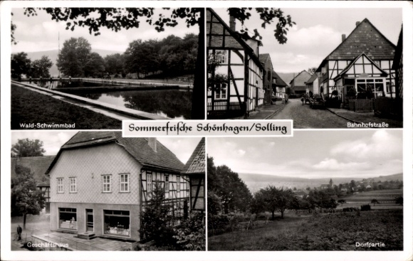 KP Schönhagen im Solling, basen leśny, budynek handlowy, Bahnhofstrasse, widok ogólny