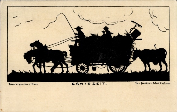 Scherenschnitt Ak Sachse-Schubert, W., Erntezeit, Heukarren, Kuh