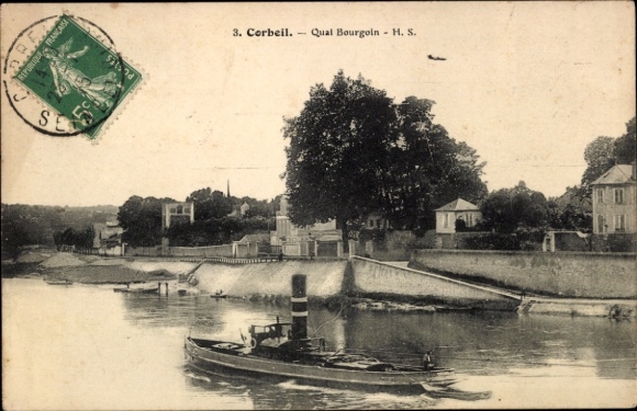 Ak Corbeil Essonne, Blick auf den Fluss, Boot, Bäume, Häuser, Poststempel
