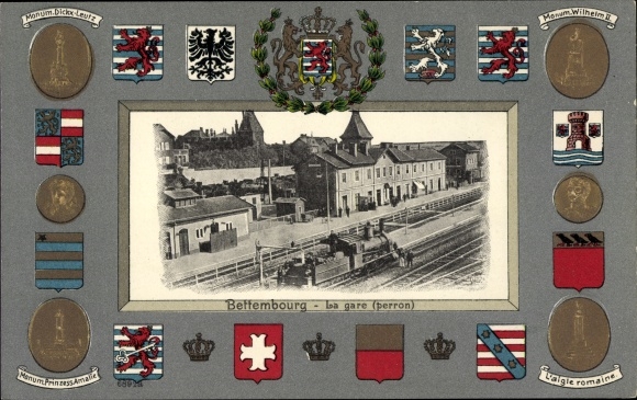 Embossed coat of arms Passepartout Postcard Bettemburg Bettembourg Luxembourg, la Gare, perron