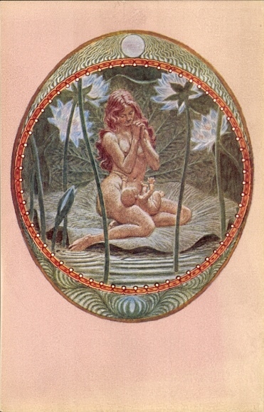 Art Nouveau artist Postcard Fidus, Christmas II, woman with child in water lily, color print