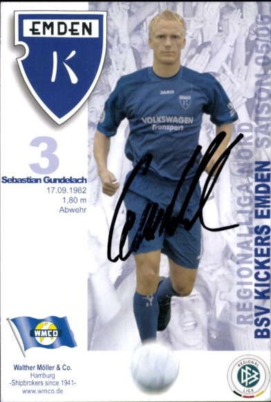 Autograph card footballer Sebastian Gundelach, BSV Kickers Emden, autograph