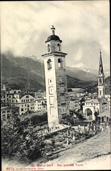 Postcard Sankt Moritz village canton Graubünden, leaning tower with village