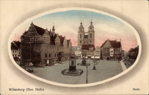 Postcard Lutherstadt Wittenberg, market, church, town hall, monument