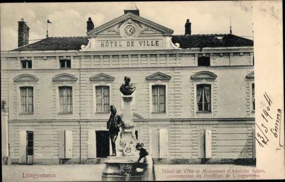 Postcard Longjumeau Essonne, town hall, monument to Adolphe Adam
