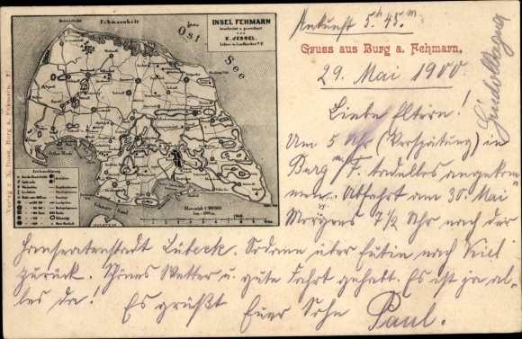 Postcard castle on the island of Fehmarn, map of the island, entire