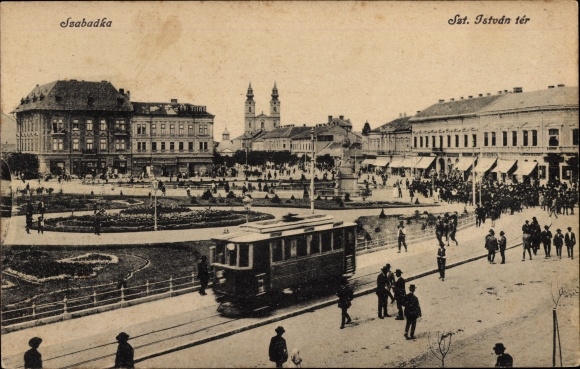 Postcard Szabadka Subotica Serbia, Szt. Istvn tér, street section, tram