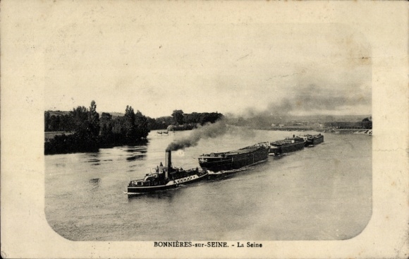 Postcard Bonnières sur Seine Yvelines, Seine, steamer, tug