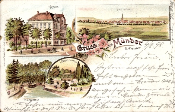 Postcard Hann. Münden in Lower Saxony, views of the bathing park, pond area, greetings