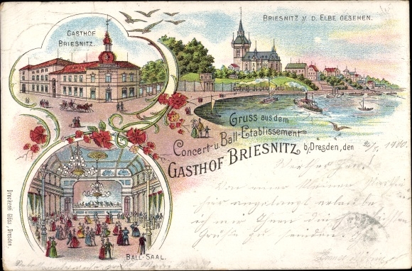 Chromo-Litho Dresden Cotta Briesnitz, Gasthof Briesnitz, ball room, Briesnitz seen from the Elbe