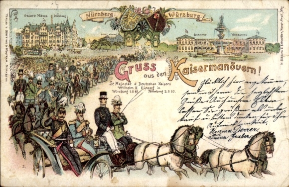 Chromo-Litho Würzburg, Nuremberg, Imperial Maneuvers, Train Station, Grand Hotel, Kaiser Wilhelm II, 1897