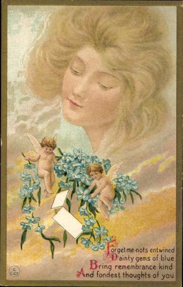 Complete series 12 embossed PCs Young woman, long hair, butterfly, angel