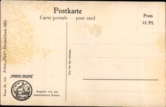 Artist Postcard Rave, Chr., Marine Gallery 265, German warship, Pfeil, Aviso, 1882