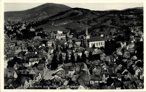 Postcard Bensheim on the Bergstraße Hesse, aerial view of church, mountains in the background