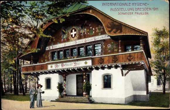 Ansichtkaart Dresden, Internationale Hygiëne Tentoonstelling 1911, Zwitsers Paviljoen