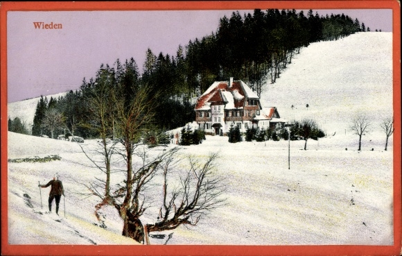 Ak Wieden im Schwarzwald, Skifahrer, Landschaft mit Villa, Winter