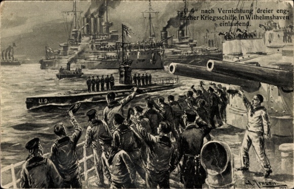 Artist Postcard Jensen, T., German submarine, U 9 after the destruction of three English. Warships