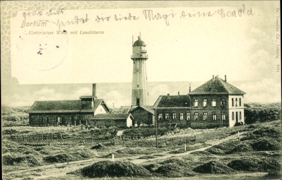 Postcard North Sea resort Borkum in East Frisia, electrical plant with lighthouse