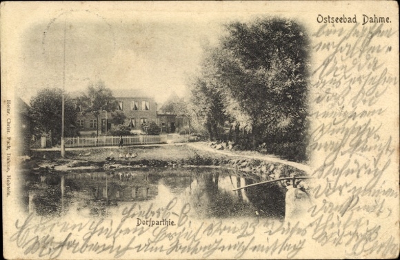 Postcard Dahme in Holstein, village part with pond and house view