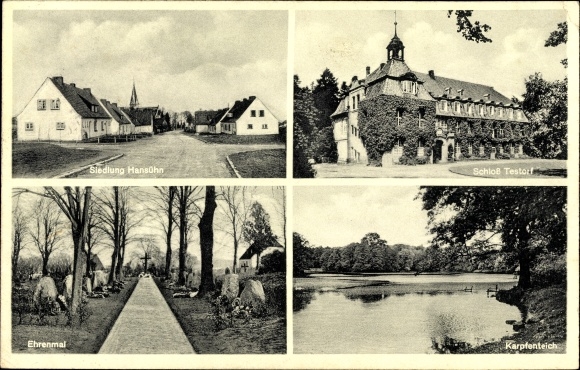 Postcard settlement Hansühn near Wangels in Ostholstein, Testorf Castle, memorial, carp pond