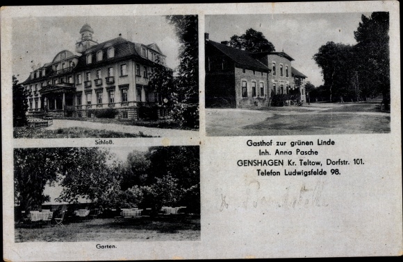 Ak Genshagen Ludwigsfelde in Brandenburg, Schloss, Gasthof zur grünen Linde, Dorfstraße 101