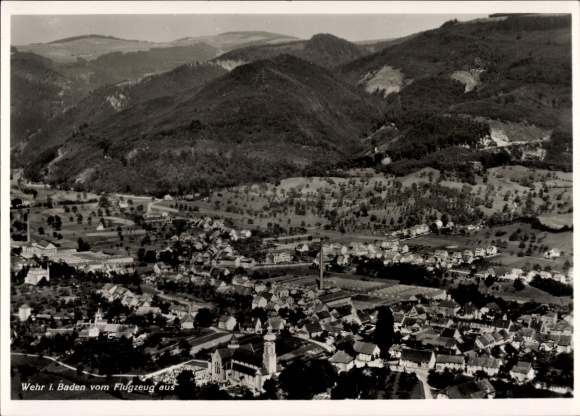 Postcard Wehr in the Black Forest Baden, Wehr in Baden from the plane, wooded hills, village of Wehr ...
