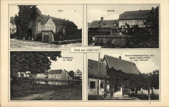 Ak Liebstedt Ilmtal Weinstraße Weimarer Land, Schloss, Kaffeerösterei, Schule, Dorfstr. mit Teich