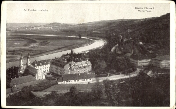 Postcard Oberzell Zell am Main Lower Franconia, St. Norbertusheim, monastery, mother house, panorama of the town