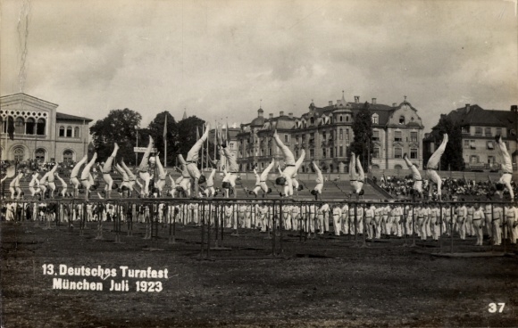 Photo Postcard 13th German Gymnastics Festival Munich July 1923, gymnasts on parallel bars