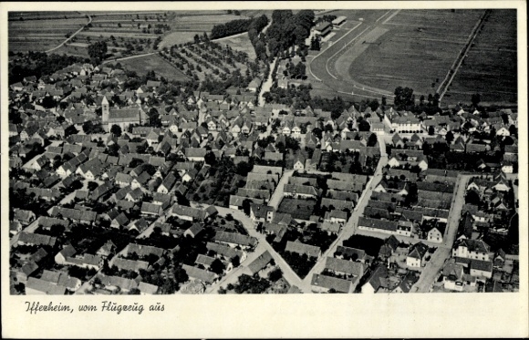 Postcard Iffezheim am Rhein, aerial photograph