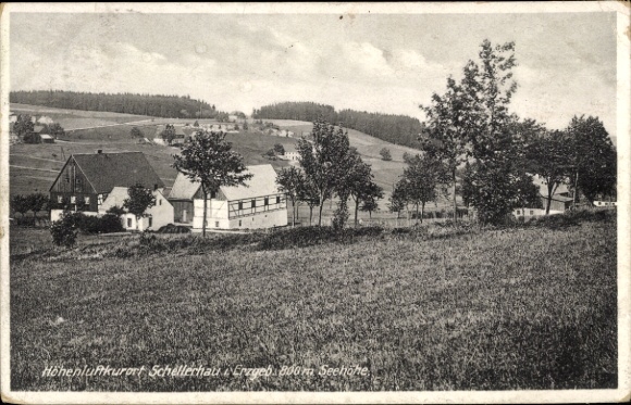 Postcard Rabenau in the Ore Mountains, mountain health resort, three buildings, rolling hills, trees