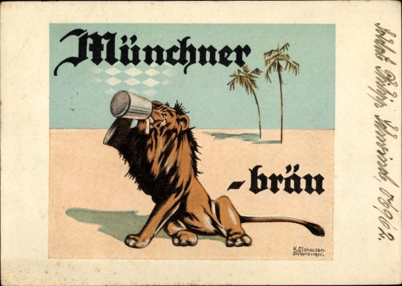 Artist PC Olshausen Schönberger, Munich Löwenbräu, lion drinks beer in the desert