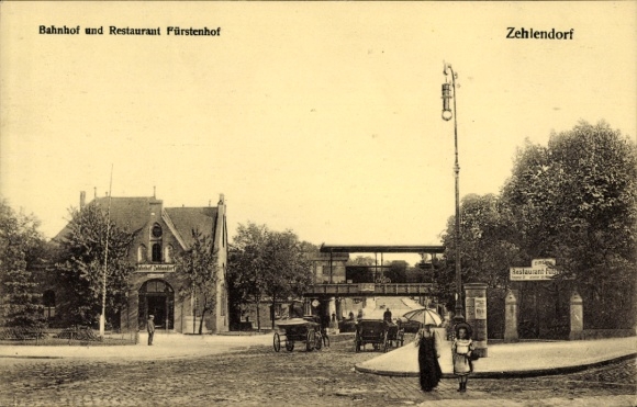Postcard Berlin Zehlendorf, train station and restaurant Fürstenhof