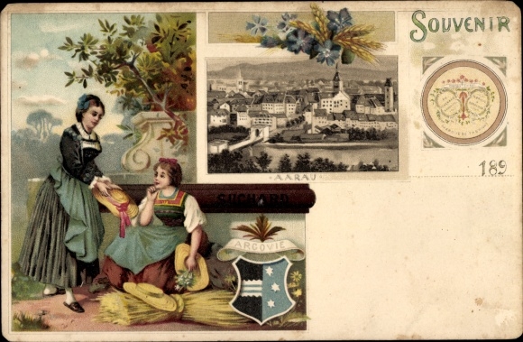 Wappen Litho Aarau Kanton Aargau, Reklame, Chocolat Suchard, Frauen in Trachten, Stadtansicht