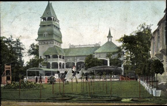 Ansichtkaart Zwickau in Saksen, handels- en industriële tentoonstelling 1906, vijvercafé, officiële kaart nr