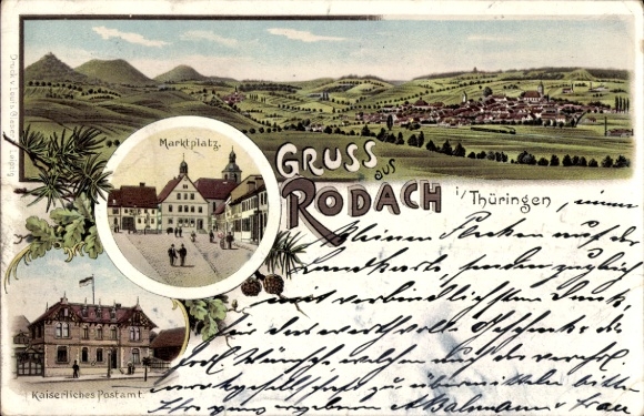 litho Bad Rodach Opper-Franken Beieren, marktplein, postkantoor, totaaloverzicht