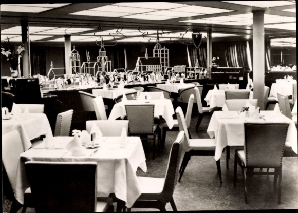 Postcard railway ferry MS Sassnitz, Mitropa dining room, interior view